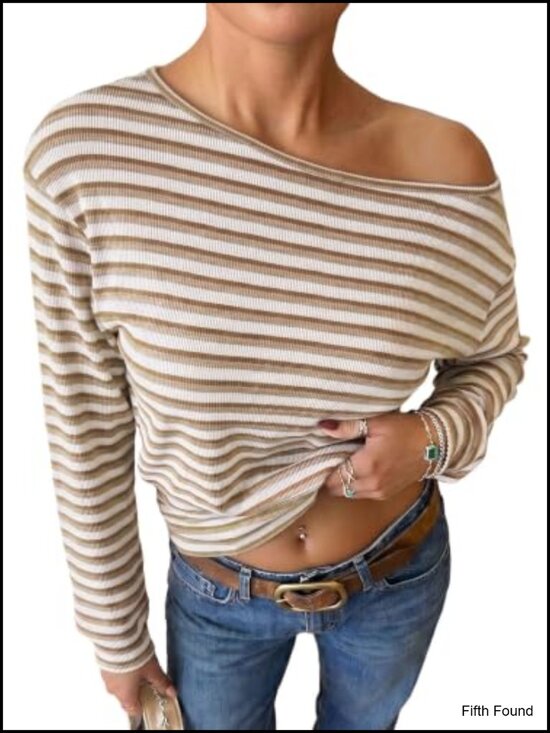Tops - Striped Off Shoulder Long Sleeve Blouse Boat Neck Pullover Loose Fit Ribbed Knit